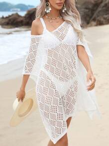 Hollow Out Batwing Sleeve Split Hem Cover Up Dress Without Bikini Set - White - View 1