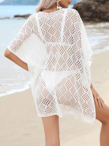 Hollow Out Batwing Sleeve Split Hem Cover Up Dress Without Bikini Set - White - View 2