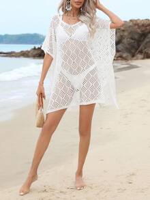Hollow Out Batwing Sleeve Split Hem Cover Up Dress Without Bikini Set - White - View 3