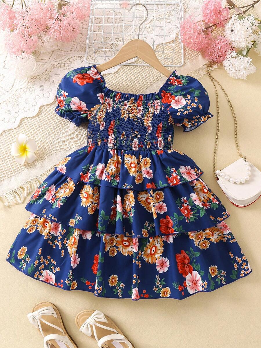 Cô Gái Trẻ Màu xanh hải quân Hoa In Lay động Thanh lịch Mùa hè Đầm Với Hình vuông Đường viền cổ áo Và Tay áo phồng - Màu xanh hải quân - Xem 1