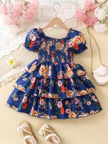 Cô Gái Trẻ Màu xanh hải quân Hoa In Lay động Thanh lịch Mùa hè Đầm Với Hình vuông Đường viền cổ áo Và Tay áo phồng - Màu xanh hải quân - Xem 2