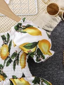 SHEIN Cô Gái Trẻ Trái cây & Rau In toàn bộ Chanh Mẫu Lấy cảm hứng từ kỳ nghỉ vui tươi Đầm Với Hình vuông Đường viền cổ áo Và Tay áo phồng Cho mùa hè - Nhiều màu - Xem 5