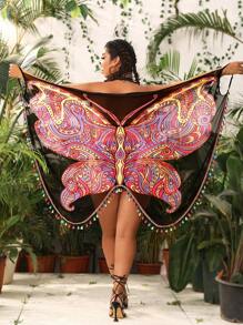 Swim Vcay Summer Beach Plus Butterfly Print Fringe Trim Kimono - Black - View 1