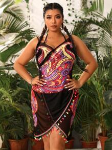 Swim Vcay Summer Beach Plus Butterfly Print Fringe Trim Kimono - Black - View 2