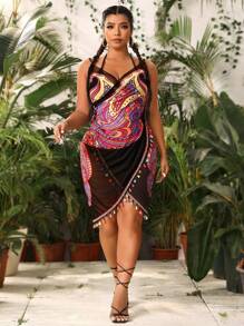 Swim Vcay Summer Beach Plus Butterfly Print Fringe Trim Kimono - Black - View 3