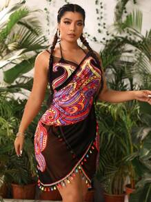 Swim Vcay Summer Beach Plus Butterfly Print Fringe Trim Kimono - Black - View 4