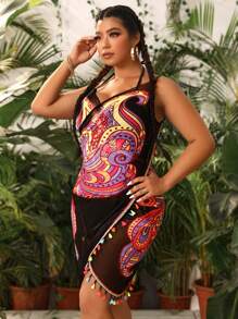 Swim Vcay Summer Beach Plus Butterfly Print Fringe Trim Kimono - Black - View 5