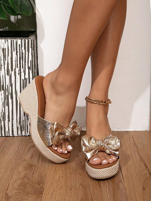 Women Metallic Knot Decor Sandals, Glamorous Wedge Slide Sandals For