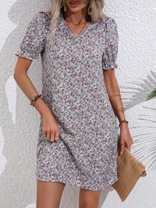 SHEIN VCAY Ditsy Floral Print Puff Sleeve Dress - Multicolor - View 1