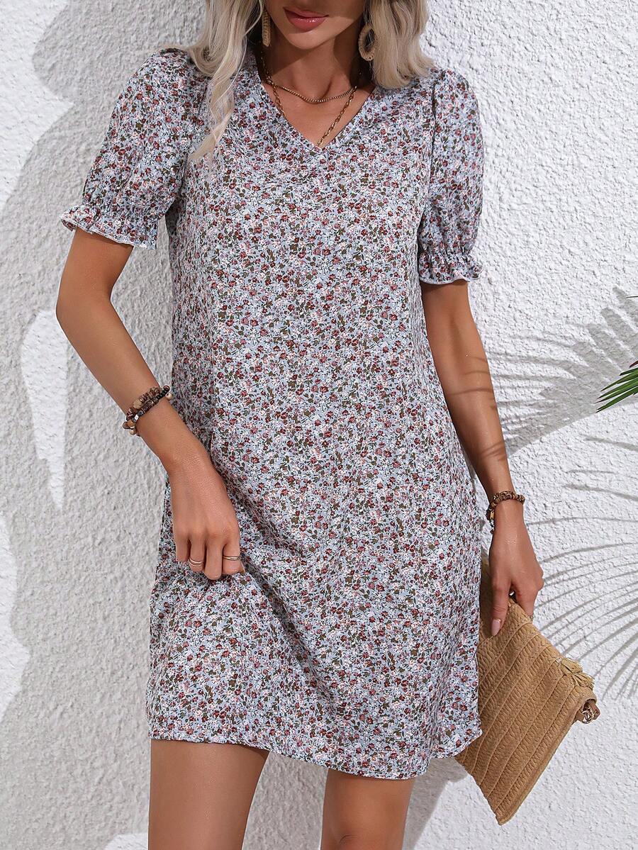 SHEIN VCAY Ditsy Floral Print Puff Sleeve Dress - Multicolor - View 1