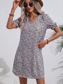 SHEIN VCAY Ditsy Floral Print Puff Sleeve Dress - Multicolor - View 3