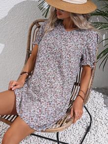 SHEIN VCAY Ditsy Floral Print Puff Sleeve Dress - Multicolor - View 4