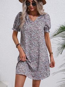 SHEIN VCAY Ditsy Floral Print Puff Sleeve Dress - Multicolor - View 5