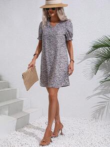 SHEIN VCAY Ditsy Floral Print Puff Sleeve Dress - Multicolor - View 6