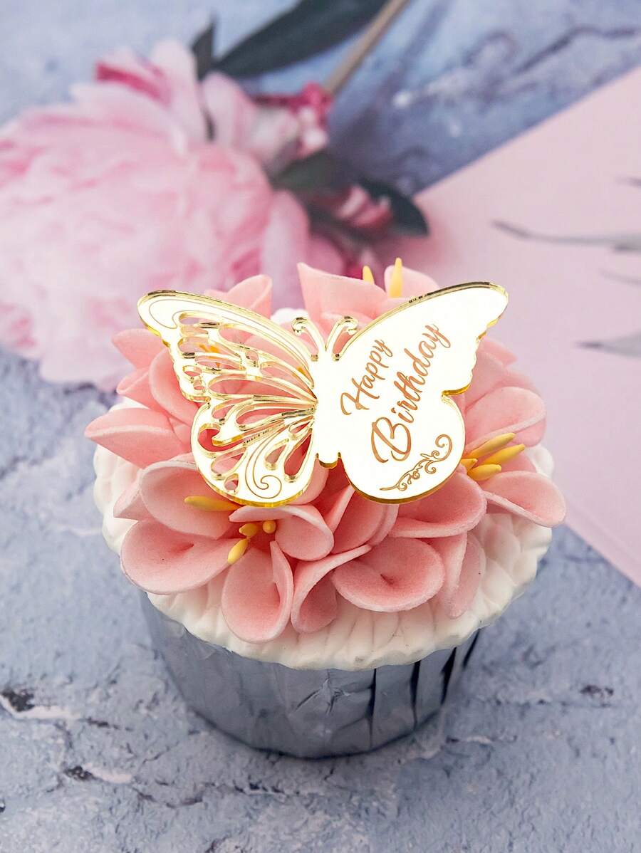 AiQi Bakes 6 phụ kiện trang trí bánh hình bướm bằng PMMA, thích hợp cho gia đình, tiệc tùng, Giáng sinh. - Vàng - Xem 1