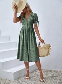 SHEIN VCAY Allover Plants Print Knot Cuff Button Front Dress - Multicolor - View 3