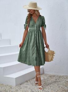 SHEIN VCAY Allover Plants Print Knot Cuff Button Front Dress - Multicolor - View 4