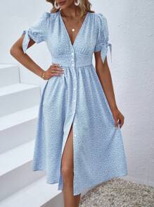 SHEIN VCAY Ditsy Floral Print Knot Cuff Button Front Dress - Blue and White - View 1