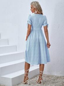 SHEIN VCAY Ditsy Floral Print Knot Cuff Button Front Dress - Blue and White - View 2