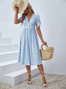 SHEIN VCAY Ditsy Floral Print Knot Cuff Button Front Dress - Blue and White - View 3