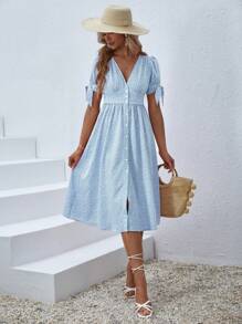 SHEIN VCAY Ditsy Floral Print Knot Cuff Button Front Dress - Blue and White - View 4