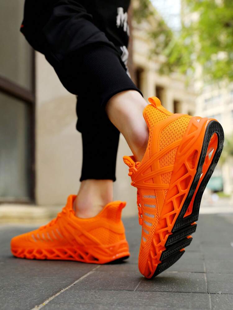 Men Lace Up Sneakers, Funky Neon-orange Mesh Running Shoes For
