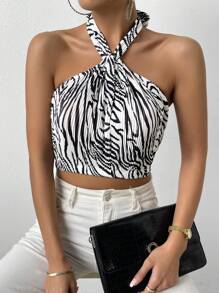 Chiquease Zebra Striped Tie Backless Halter Top - Black and White - View 4