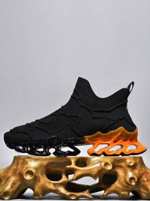 Men Textured Slip On Sneakers, Style With Hoodie Sporty Mesh Running Shoes For Outdoor