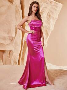 Vestido de satén sin tirantes con abertura y parches de malla - Rosa Fucsia - Ver 4