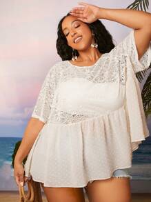 SHEIN CURVE+ Blusa peplum de lunares con encaje en contraste sin sujetador - Beis - Ver 7