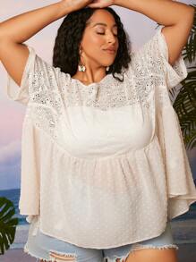 SHEIN CURVE+ Blusa peplum de lunares con encaje en contraste sin sujetador - Beis - Ver 3