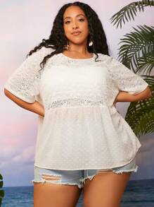 SHEIN CURVE+ Blusa peplum de lunares con encaje en contraste sin sujetador - Beis - Ver 6