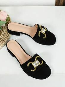 Fashion Black Sandals For Women, Gemstone & Metal Decor Faux Suede Slide Sandals