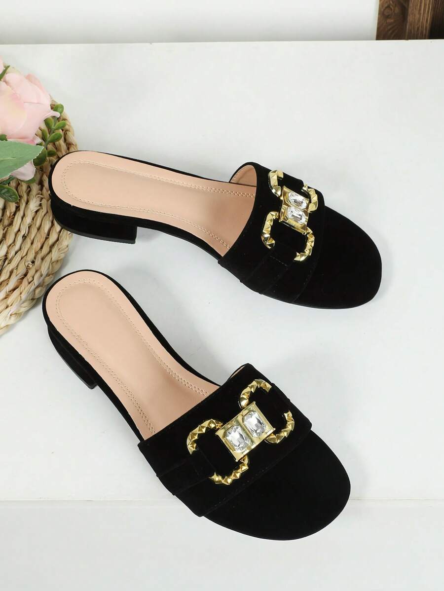 Fashion Black Sandals For Women, Gemstone & Metal Decor Faux Suede Slide Sandals