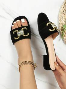 Fashion Black Sandals For Women, Gemstone & Metal Decor Faux Suede Slide Sandals