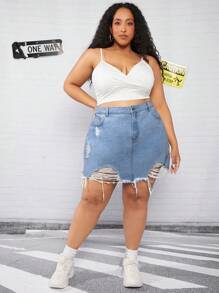 SHEIN CURVE+ Falda en mezclilla desgarro bajo crudo - Lavado ligero - Ver 6