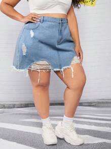 SHEIN CURVE+ Falda en mezclilla desgarro bajo crudo - Lavado ligero - Ver 4