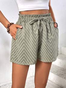 SHEIN Holidaya Chevron Print Paperbag Waist Knot Front Shorts - Army Green - View 1
