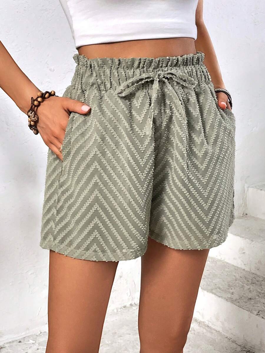 SHEIN Holidaya Chevron Print Paperbag Waist Knot Front Shorts - Army Green - View 1