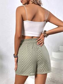 SHEIN Holidaya Chevron Print Paperbag Waist Knot Front Shorts - Army Green - View 2