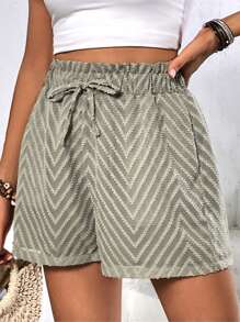 SHEIN Holidaya Chevron Print Paperbag Waist Knot Front Shorts - Army Green - View 3