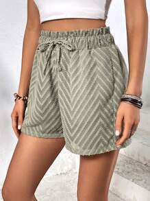 SHEIN Holidaya Chevron Print Paperbag Waist Knot Front Shorts - Army Green - View 4