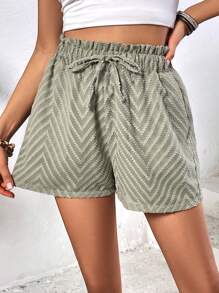 SHEIN Holidaya Chevron Print Paperbag Waist Knot Front Shorts - Army Green - View 5