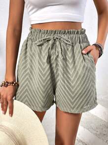 SHEIN Holidaya Chevron Print Paperbag Waist Knot Front Shorts - Army Green - View 6