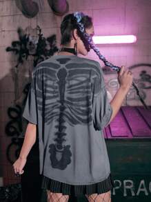 ROMWE Grunge Punk Skeleton Print Drop Shoulder Tee - Grey - View 1