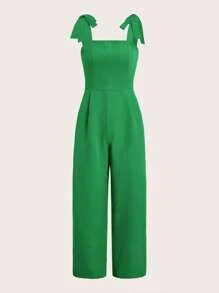 SHEIN Essnce 大碼肩上打結褶皺細節吊帶連體褲 - 綠色 - 查看 1