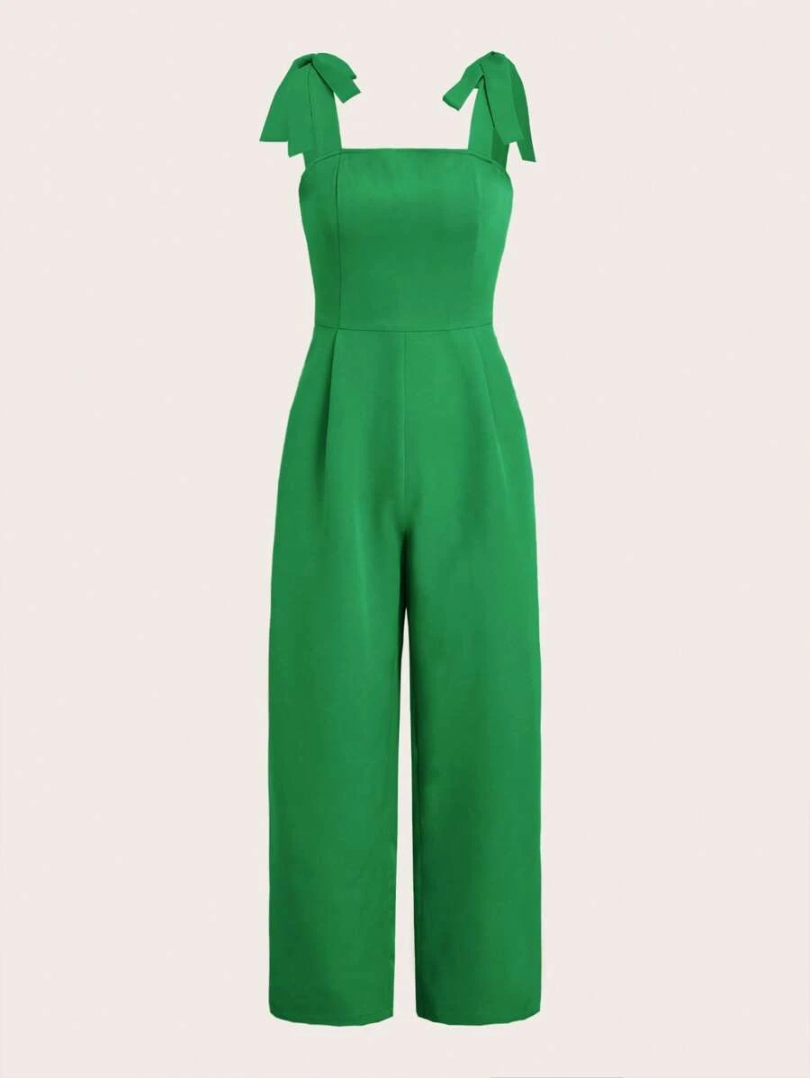 SHEIN Essnce 大碼肩上打結褶皺細節吊帶連體褲 - 綠色 - 查看 1