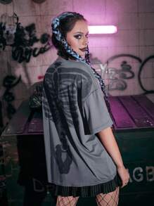 ROMWE Grunge Punk Skeleton Print Drop Shoulder Tee - Grey - View 2