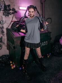 ROMWE Grunge Punk Skeleton Print Drop Shoulder Tee - Grey - View 4