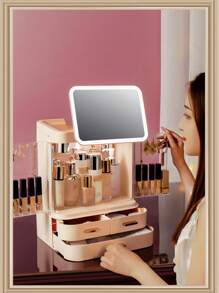 1pc ABS Makeup Storage Box With Mirror , Modern Plain Makeup Storage Box For Home - Pink - View 4